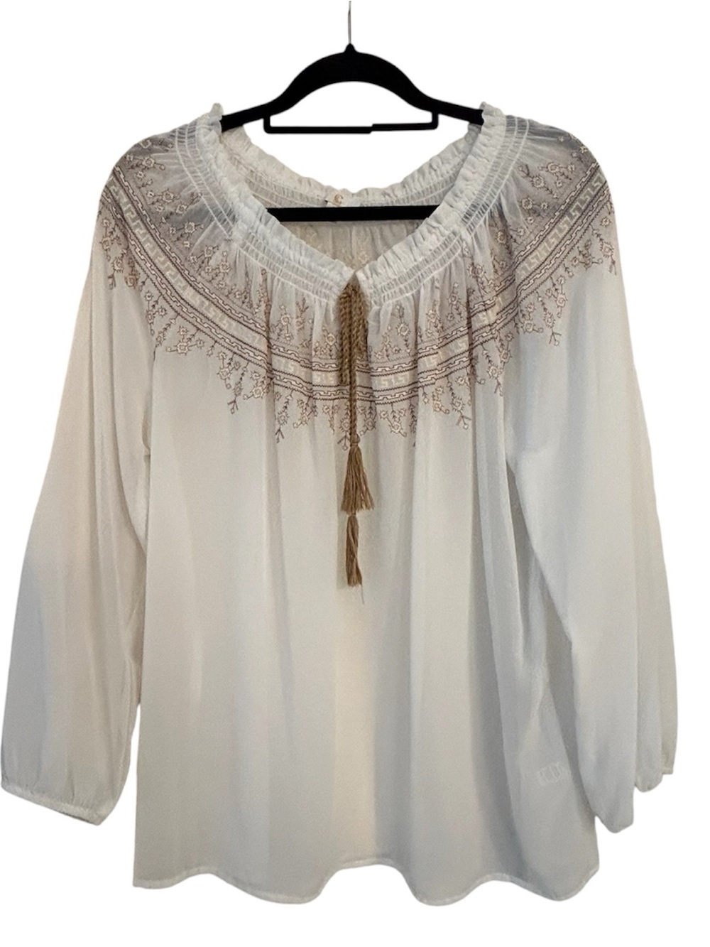 C Collector's White Boho Tassel Brown Embroidered Peasant Blouse Size XL